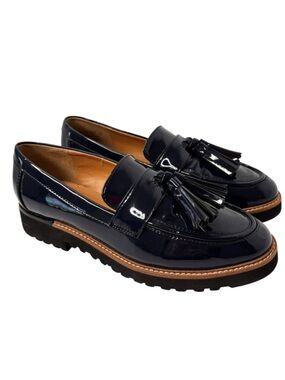 Franco Sarto Carolynn Tassel Loafer Navy Patent Leather Size 6 Lug Sole Chunky